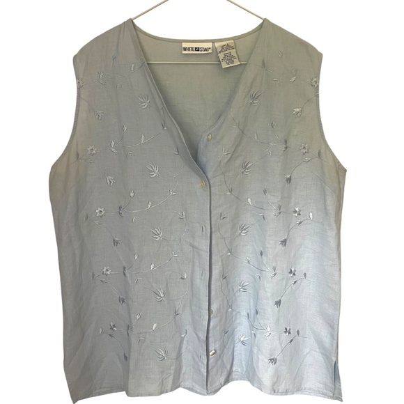 Vintage Linen & Cotton Embroidered Baby Blue Vest Size large - Picture 1 of 4